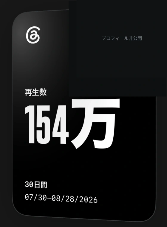Threads匿名事例C：2026年7月30日〜8月28日の30日間、154万回という管理画面表示。プロフィール画像は非表示。